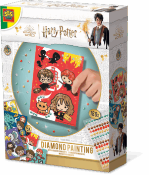 The SES Creative Harry Potter Diamond Painting kit, showing the five character cards and the sheets of self-adhesive diamond gems.