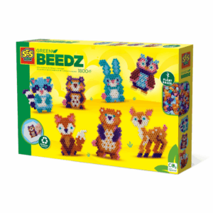 The SES Creative Green Beedz Forest Animals set, showing the eco-friendly, plant-based beads and pegboard used to create seven different woodland creatures.