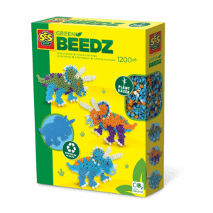 The SES Creative Green Beedz Triceratops Dino set, showing the eco-friendly, plant-based beads and recycled pegboard used to create three triceratops figures.