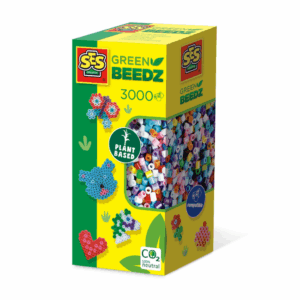 The box of 3000 SES Creative Green Beedz, a large mix of colourful, eco-friendly, plant-based iron-on beads for craft projects.