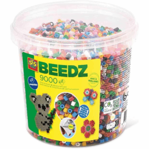 A large, clear bucket filled with 9000 SES Beedz Iron-On Beads in a standard, bright colour mix.