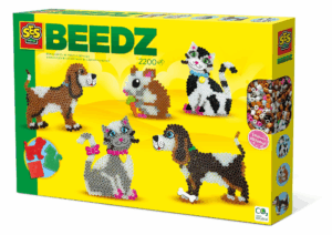 The SES Beedz Iron-On Beads Pets kit, showing the pegboards and finished 3D figures of cats, dogs, and a hamster.