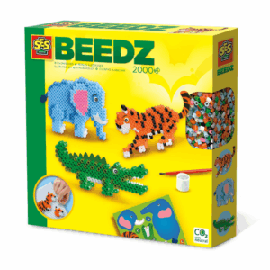 The SES Beedz 3D Iron-On Beads Safari Animals kit, showing the cardboard templates and finished, layered bead figures of an elephant, tiger, and crocodile.