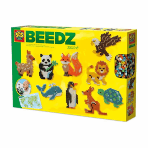 The SES Beedz World Animals iron-on beads kit, showing the pegboards, beads, a world map, and several finished animal figures like a panda, lion, and penguin.