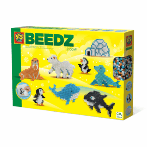The SES Beedz Arctic Animals iron-on beads kit, showing the square pegboard and several finished figures including a polar bear, penguins, and a whale.