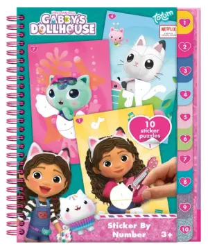The cover of the spiral-bound Gabby's Dollhouse sticker by number book, showing examples of the sticker puzzles inside.