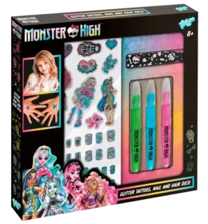 The Totum Monster High beauty set box showing the included glitter tattoos, nail stickers, and hair decoration pens.