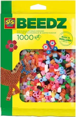 A refill bag containing 1000 SES Beedz Iron-On Beads in a standard, bright basic colour mix.