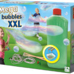 Two children working together to create a giant bubble with the SES Creative Mega Bubbles XXL kit, which includes large sticks, rope, and bubble solution.