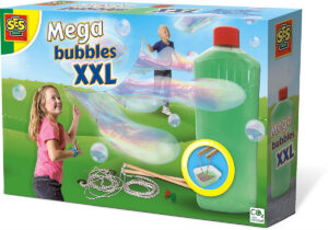 Two children working together to create a giant bubble with the SES Creative Mega Bubbles XXL kit, which includes large sticks, rope, and bubble solution.