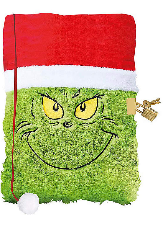 A fluffy green diary designed to look like The Grinch's face, complete with a red and white plush Santa hat and a gold lock and keys.