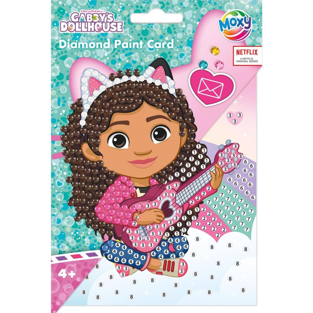 The Moxy Gabby's Dollhouse Diamond Painting Card kit, showing the greeting card of Gabby and the colourful gems used to decorate it.