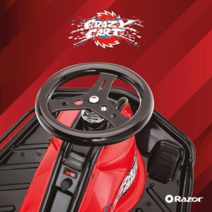 A top-down view of the Razor Crazy Cart's cockpit, showing the steering wheel, on/off switch, and variable-speed foot pedal accelerator.
