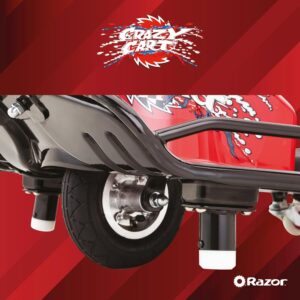 A close-up view of the Razor Crazy Cart's rear caster wheels and front anti-tip stabilising posts, designed for drifting.
