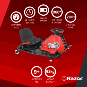 An infographic showing the key features of the Razor Crazy Cart, including its 12mph max speed, 40-minute ride time, 24V battery, and 9+ age rating.