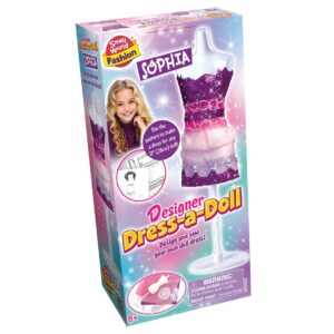 The box for the Small World Fashion Designer Dress-a-Doll Sophia kit, showing the mannequin wearing the finished purple and pink dress.