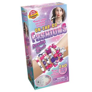 The box for the Small World Fashion On-The-Go Fashions bracelet kit, showing the included beads in a travel case and a model wearing the finished bracelets.