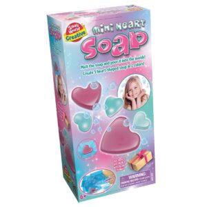 The box for the Small World Creative Mini Heart Soap making kit, showing the heart-shaped moulds and finished pink and blue soaps.