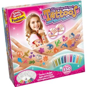 The box for the Small World Fashion Shimmering Mini Pearl Tattoos kit, showing arms decorated with colourful, textured body art.