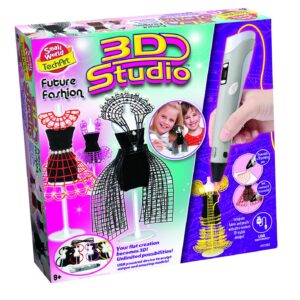 The box for the Small World Tech Art 3D Future Fashions kit, showing the 3D pen and mannequins wearing 3D printed dresses.