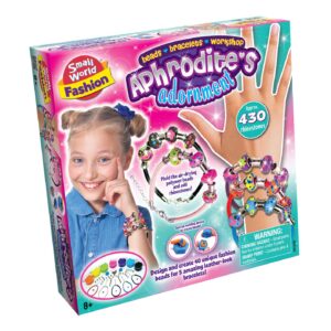 The box for the Small World Fashion Aphrodite's Adornment Bead Workshop, showing a model wearing the finished bracelets and examples of the polymer clay beads.