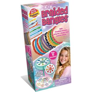 The box for the Small World Fashion Braided Bangles kit, showing the weaving wheels and a model wearing multiple colourful friendship bracelets.