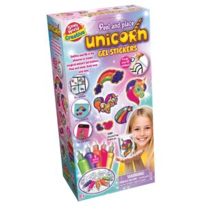 The box for the Small World Creative Peel and Place Unicorn Gel Stickers kit, showing the gel paints and examples of the finished reusable stickers.