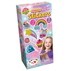 The box for the Small World Creative Diamond Design Stickers Fantasia & Fun kit, showing the sparkling finished stickers of a rainbow, unicorn, and cupcake.