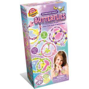 The box for the Small World Fashion Beginner Bead Jewelry Butterflies kit, showing the colourful beads, butterfly charms, and finished bracelets.