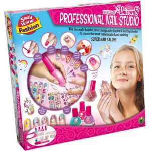 The box for the Small World Professional Unicorn Nail Studio, showing the electronic nail tool, unicorn-themed artificial nails, polishes, and stickers.