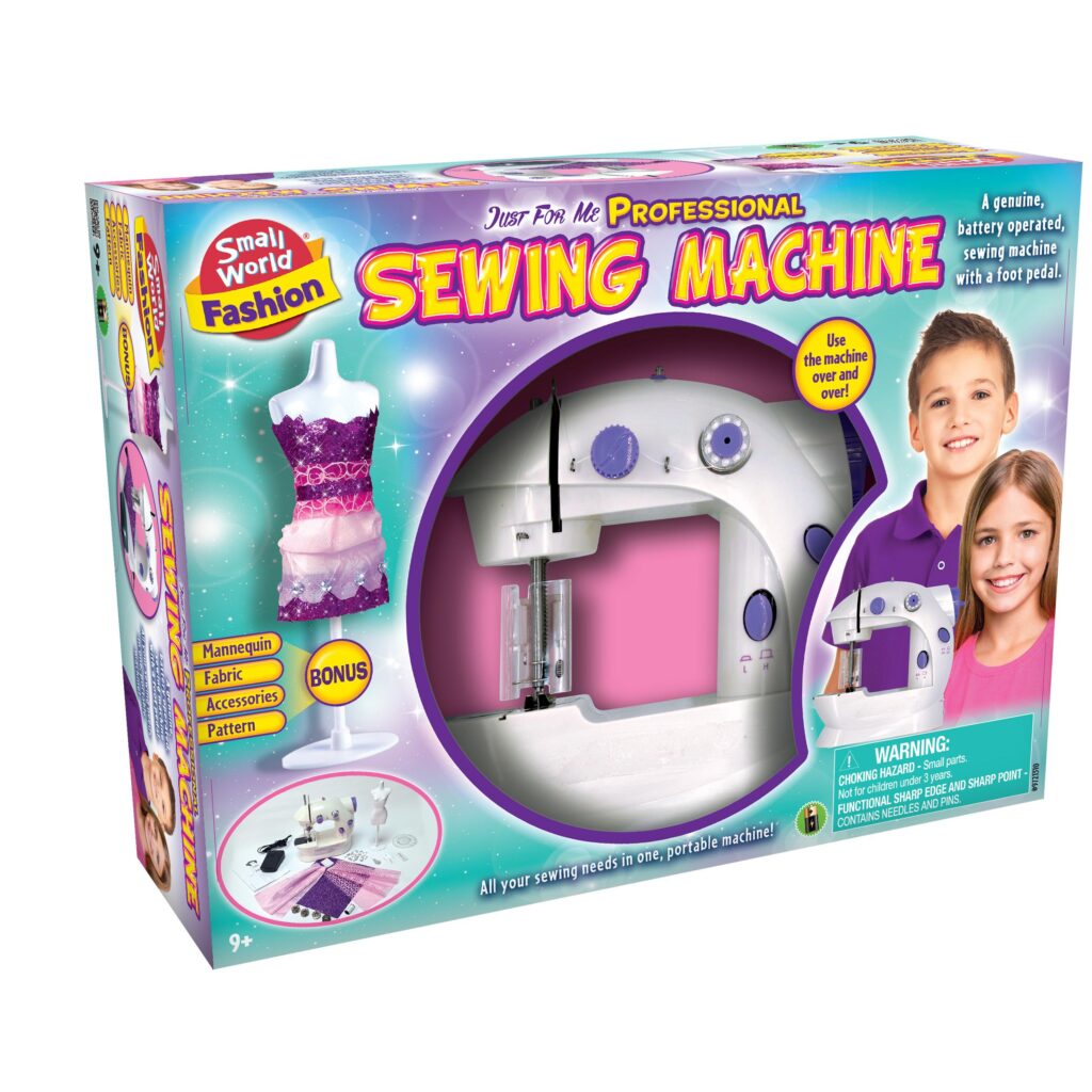 The box for the Small World Fashion Professional Sewing Machine, showing the toy sewing machine and a mannequin with a finished dress.