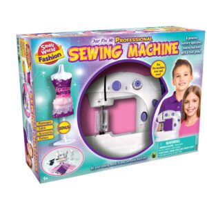 The box for the Small World Fashion Professional Sewing Machine, showing the toy sewing machine and a mannequin with a finished dress.