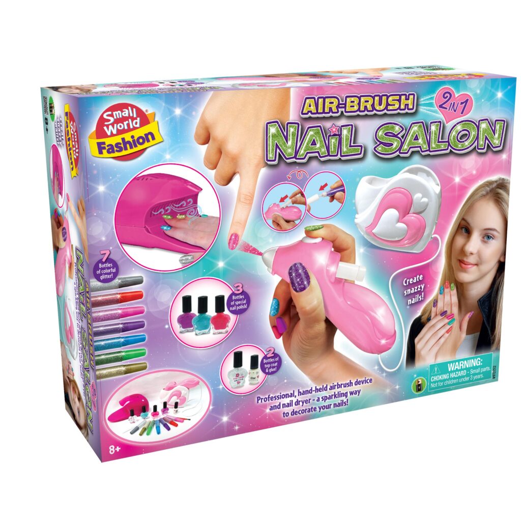 The box for the Small World Fashion Air Brush Nail Salon, showing the pink airbrush tool, nail dryer, polishes, and glitter pens.