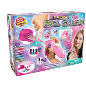 The box for the Small World Fashion Air Brush Nail Salon, showing the pink airbrush tool, nail dryer, polishes, and glitter pens.