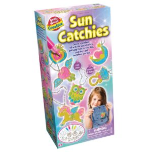 The box for the Small World Creative Sun Catchies Kit, showing the six pendants, paint, and examples of the finished colourful suncatchers.