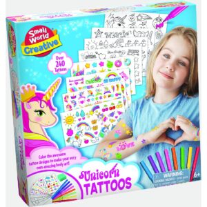 The box for the Small World Creative Unicorn Tattoos Kit, showing the tattoo sheets, colouring pens, and a model with colourful unicorn tattoos on her arms.