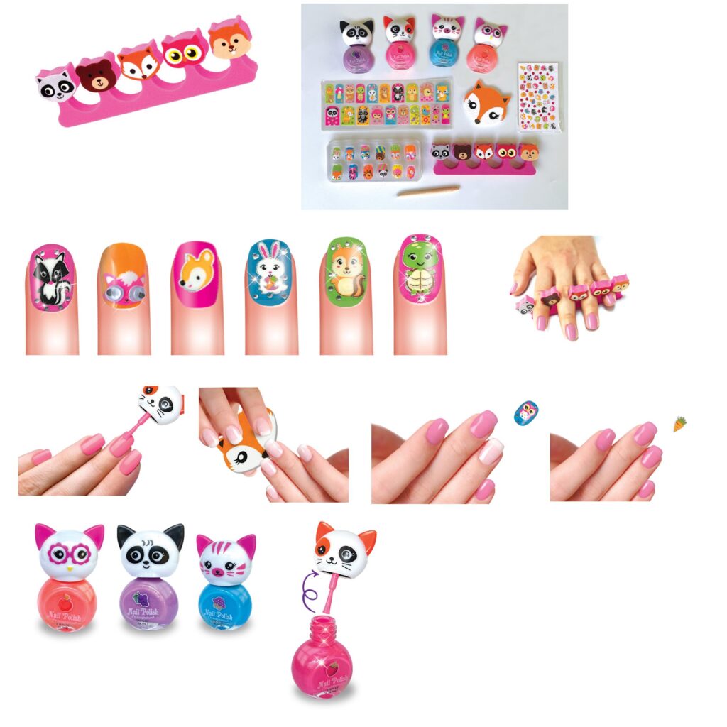 The contents of the Small World Fashion Crazy Critter Nails Art Kit, including animal-themed nail polishes, stickers, and a finger separator.