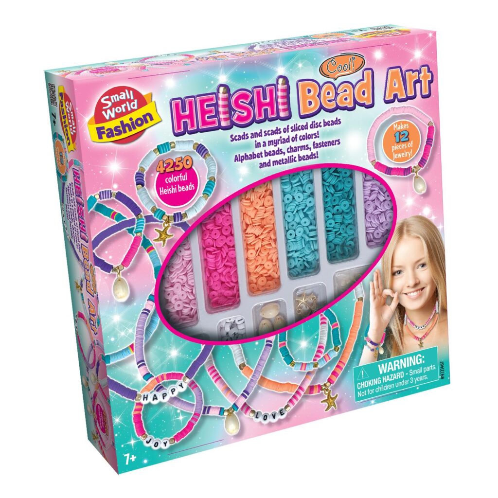 The box for the Small World Fashion Heishi Bead Art Kit, showing the thousands of colourful disc beads and examples of finished necklaces and bracelets.