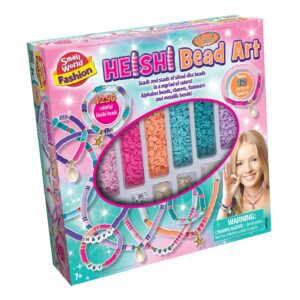 The box for the Small World Fashion Heishi Bead Art Kit, showing the thousands of colourful disc beads and examples of finished necklaces and bracelets.