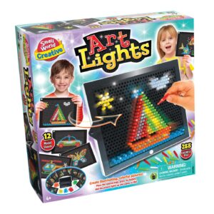 The box for the Small World Creative Art Lights kit, showing the light-up pegboard with a sailboat design and the 12 included templates.