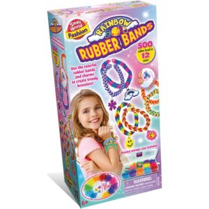 The box for the Small World Fashion Rainbow Rubber Bands kit, showing the 500 colourful bands in their storage case.