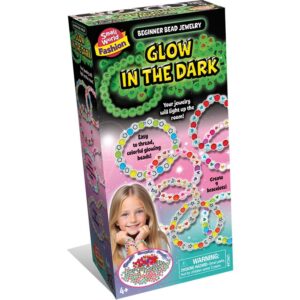 The box for the Small World Fashion Glow in the Dark Bead Jewellery Kit, showing a model wearing multiple glowing bracelets.