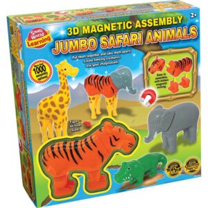 The box for the Small World Learning 3D Magnetic Jumbo Safari Animals, showing the mix-and-match magnetic tiger, elephant, and giraffe pieces.