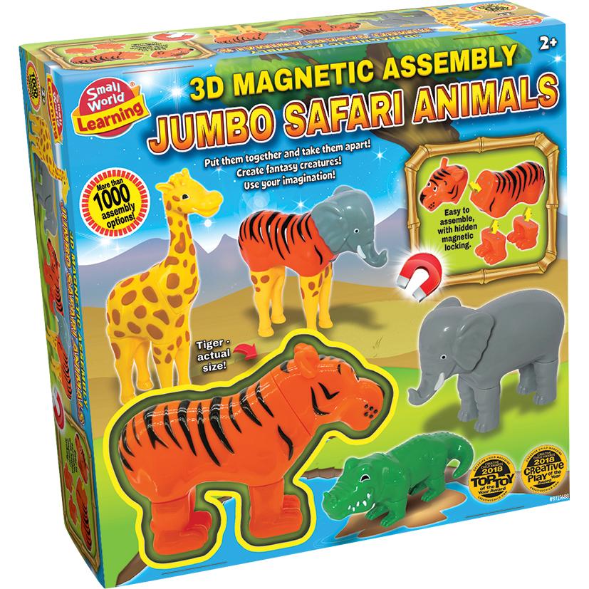 The box for the Small World Learning 3D Magnetic Jumbo Safari Animals, showing the mix-and-match magnetic tiger, elephant, and giraffe pieces.