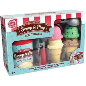 The box for the Small World Toys Magnetic Scoop and Play Ice Cream Set, showing the cones, magnetic scoops, and scooper.
