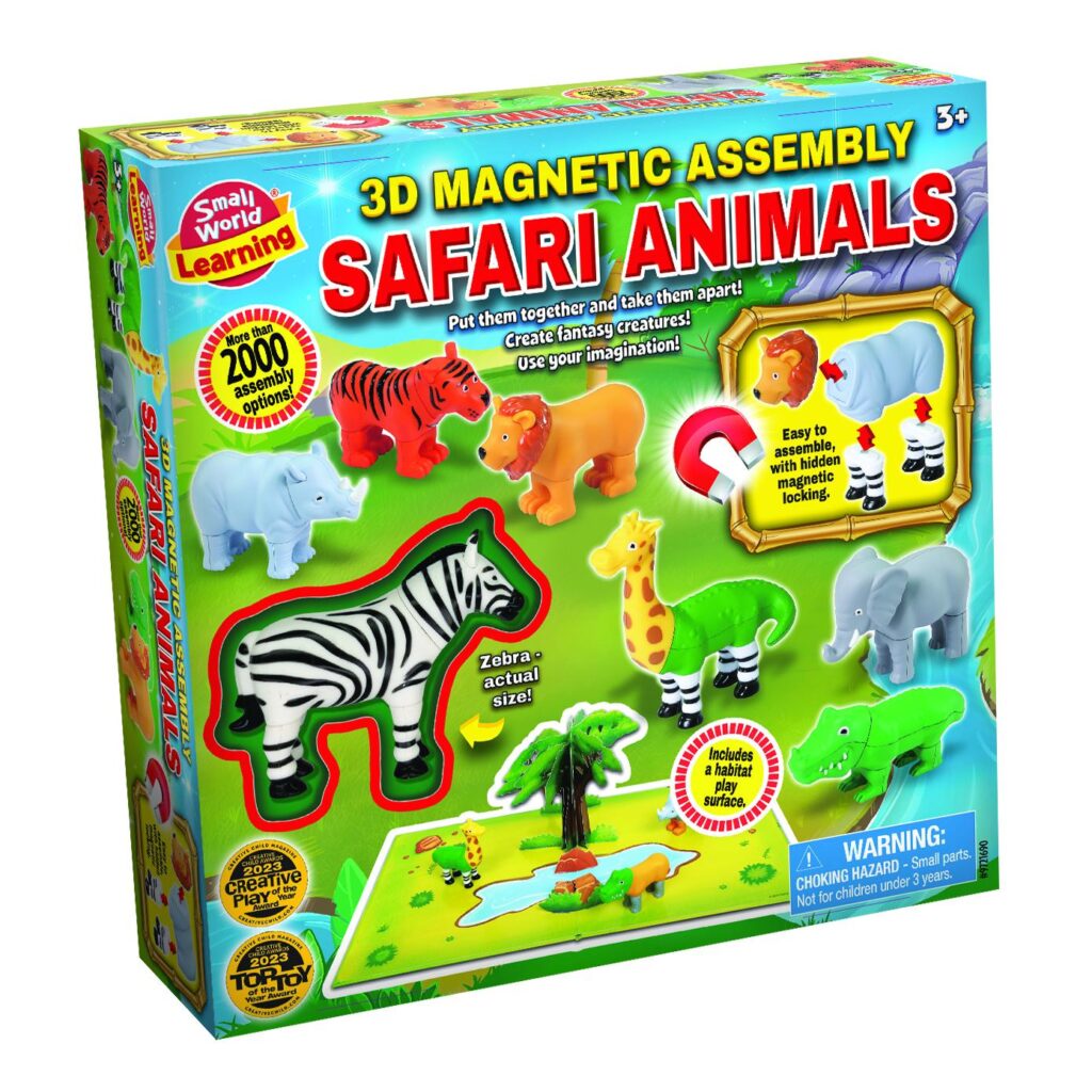 The box for the Small World Learning 3D Magnetic Safari Animals set, showing the mix-and-match magnetic animal pieces and the included playmat.