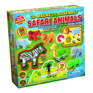 The box for the Small World Learning 3D Magnetic Safari Animals set, showing the mix-and-match magnetic animal pieces and the included playmat.