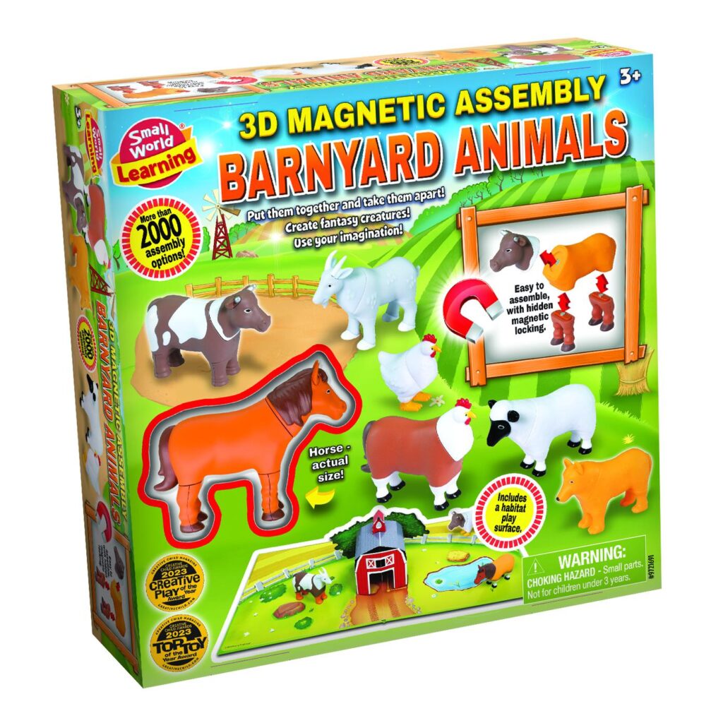 The box for the Small World Learning 3D Magnetic Barnyard Animals set, showing the mix-and-match magnetic animal pieces and the included playmat.