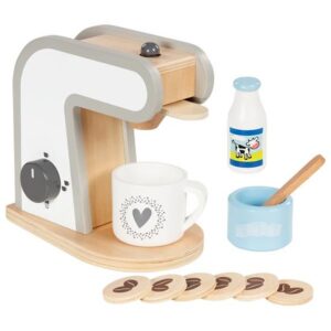 The Goki wooden toy coffee machine set, including the machine, a cup, milk, sugar, a spoon, and six coffee pods.