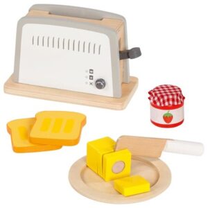 The Goki wooden pop-up toaster set, including the toaster, two slices of toast, butter, a knife, a plate, and a pot of strawberry jam.
